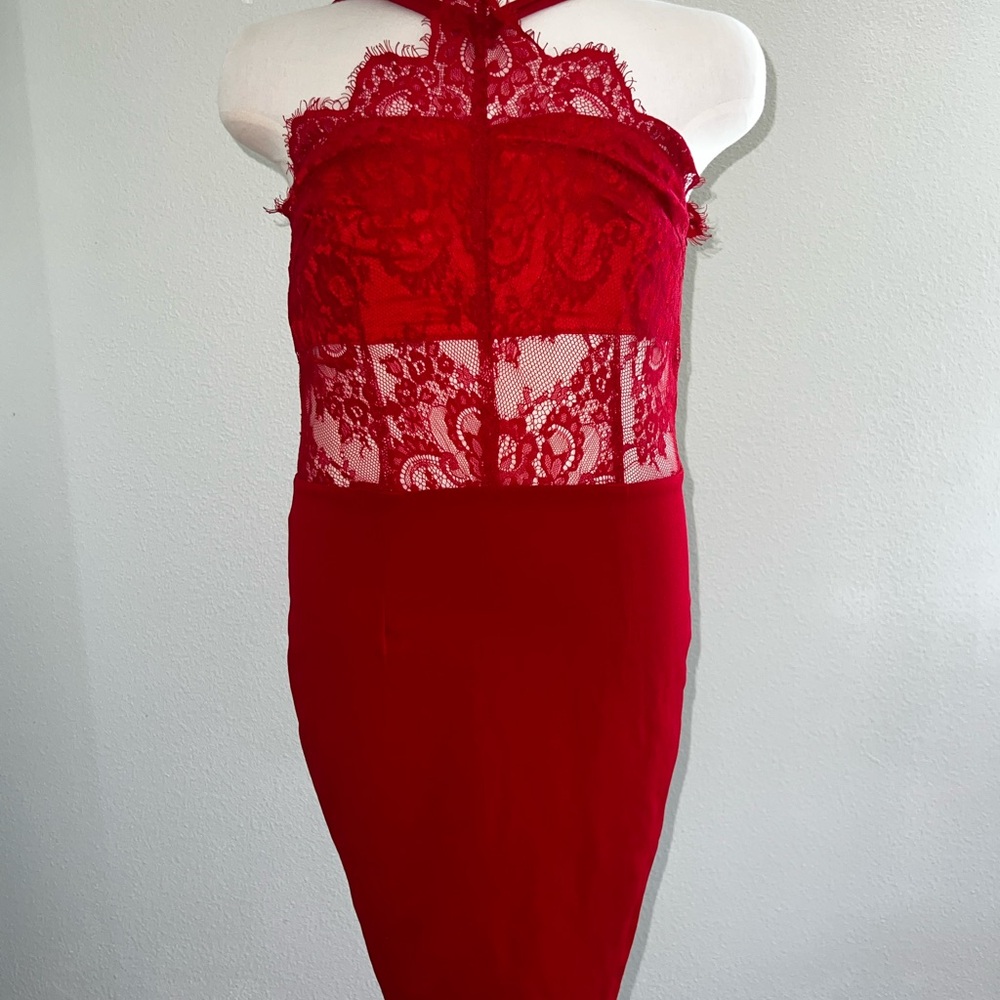 Pink Boutique Elegant Red Lace Halter Dress